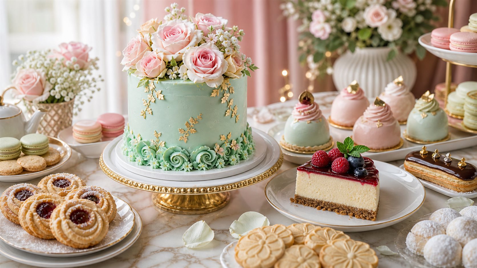 Premium dessert feast with celebration cakes, pastries, and cookies