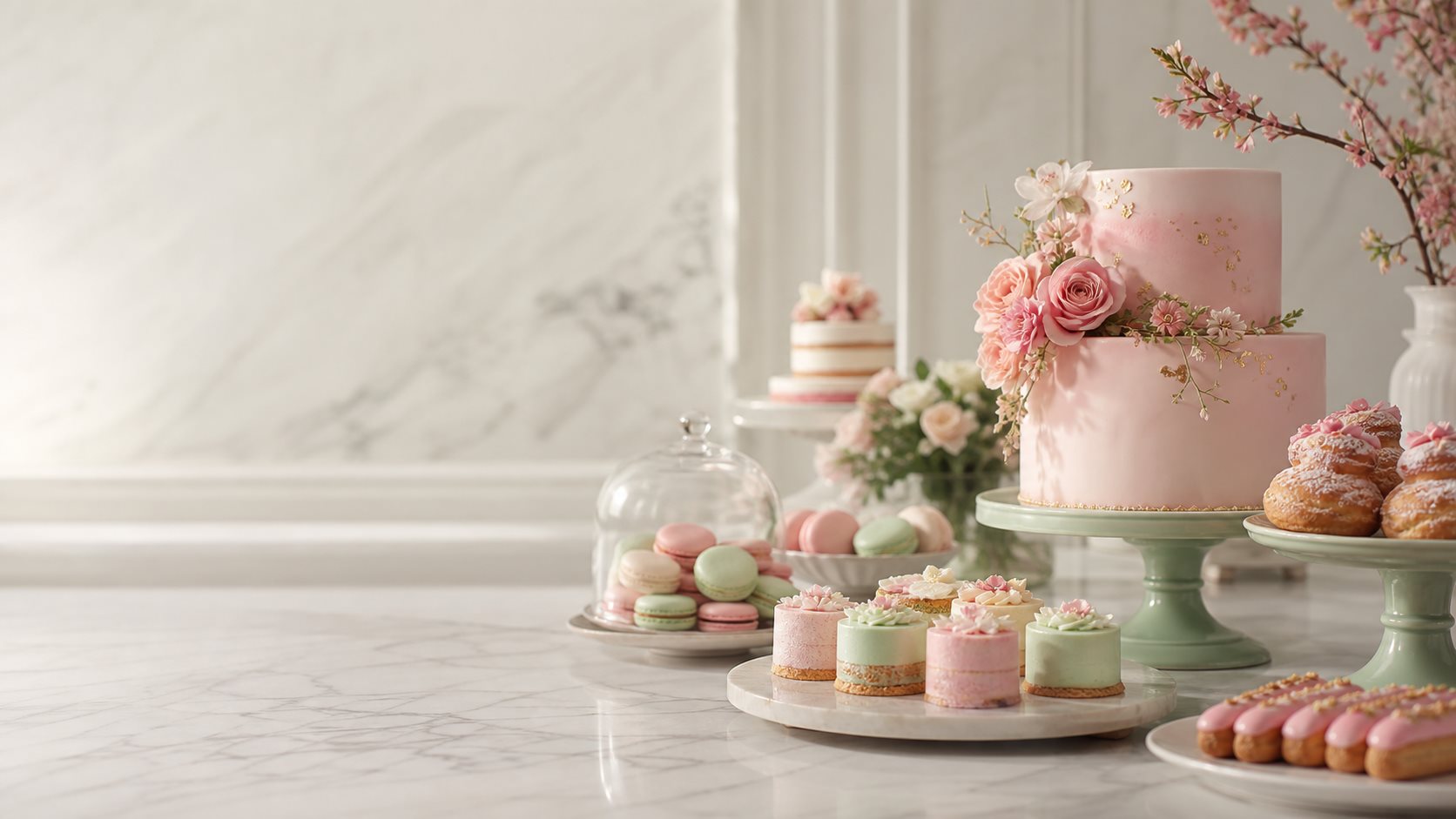 Pastel cake display with elegant macarons and floral dessert styling